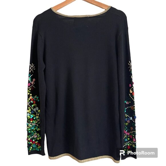 Quacker Factory Women Black Tunic Top Sz S Holiday Christmas Party Sequins Beads - Picture 2 of 11